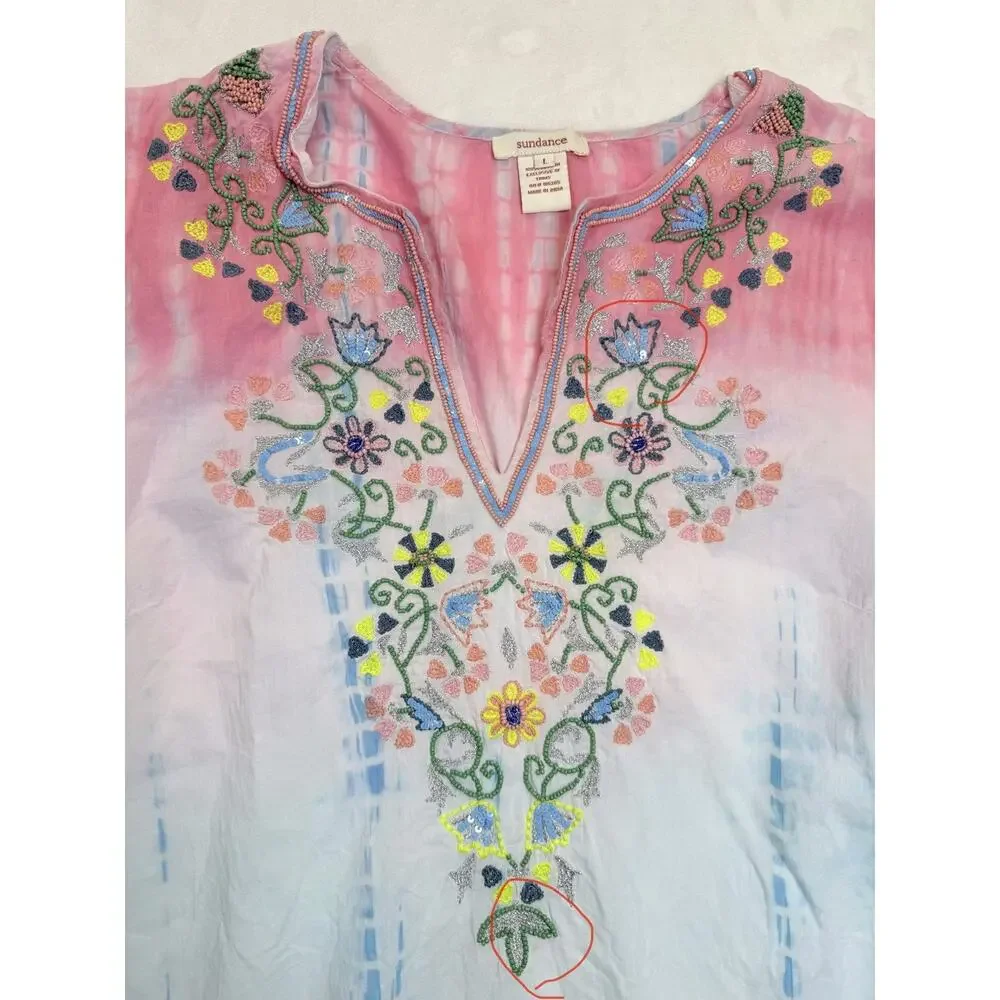 SUNDANCE Tunic Women’s Sz L Dreaming In Color Beaded Tie Dyed Coverup Flaws - Picture 8 of 12